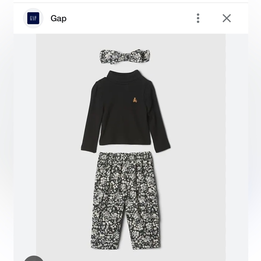 GAP Black turtle neck. Black and White floral pants Outfit with matching Bow